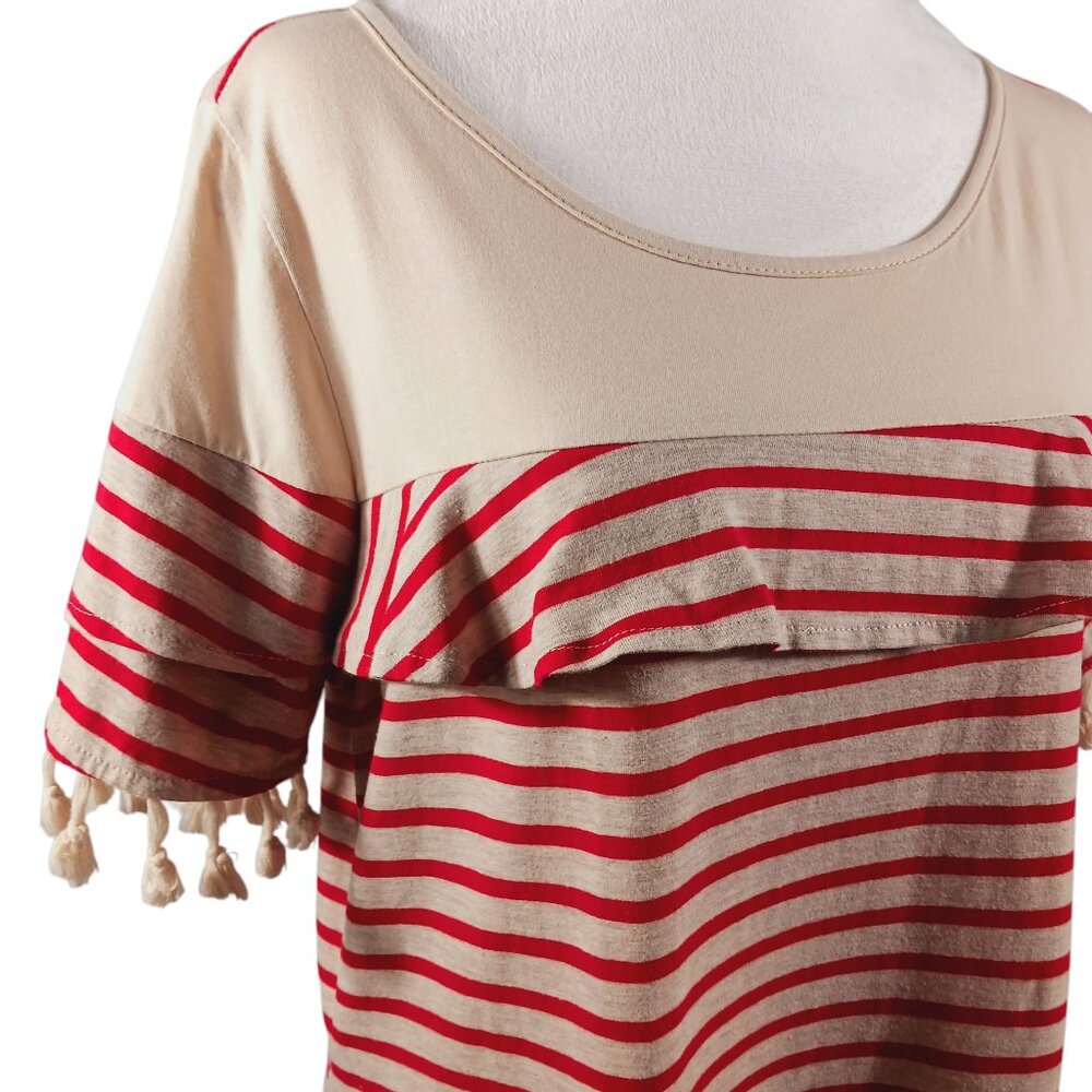 Umgee, Dress, Size Large, Red and Tan Stripes, with Ruffle and Tassel Accents - Picture 7 of 15
